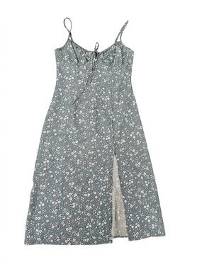 NWT Floral Blue and White Midi Dress With Side Slit and Tie Front Size L